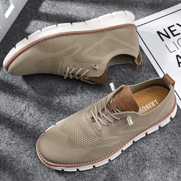 knit sneakers, casual sneakers, walking shoes, lace up sneakers, mesh sneakers, new arrival, flat lay, minimalist, calm, trustworthy, neutral, brown